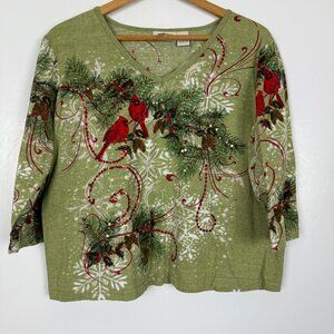 Collections Etc Winter Cardinal Birds Top Sz Large Front Back Sequins Christmas